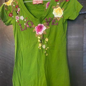 Johnny Was LA Short Sleeved Green Embroidered Tee (S) NWOT